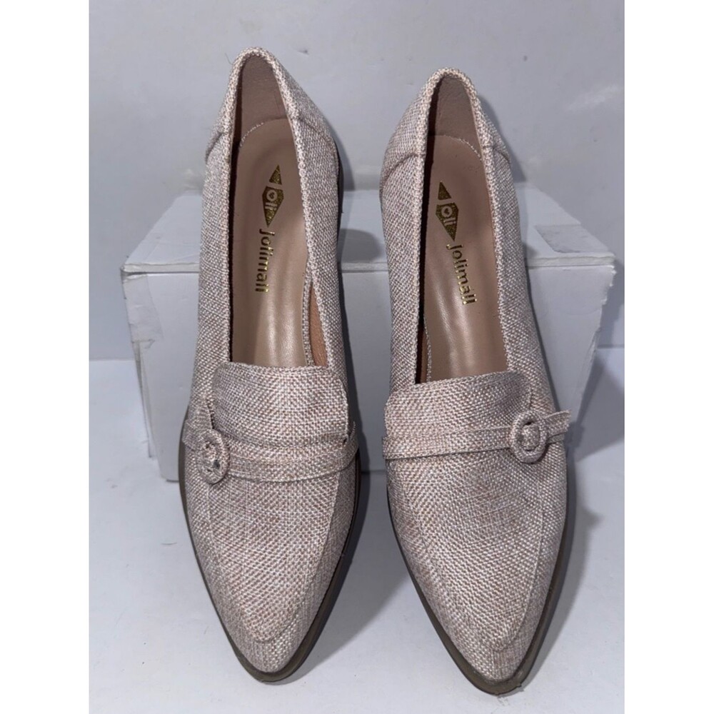 Jolimall size 7 beige tweed Pointed Toe Career Shoes with a side buckle detail